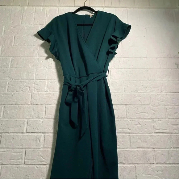 Size 10 Jumpsuit WITH POCKETS Green Waist Tie Flirty Sleeve Office Wedding - Picture 1 of 13